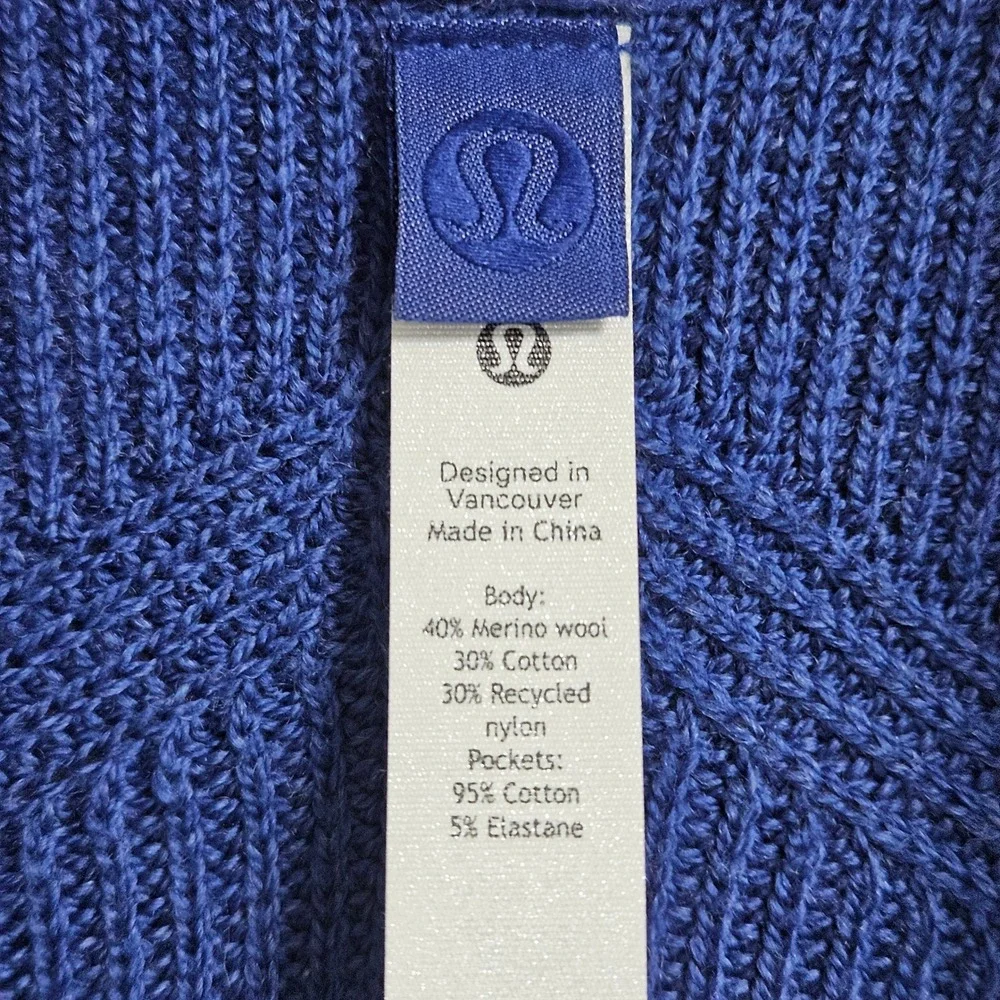 Lululemon Ribbed Long Wrap Cardigan Women 4 Blue‎ Merino Wool Blend Open Pocket